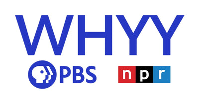 The image features the WHYY logo in bold blue letters above the PBS logo on the left and the NPR logo on the right. The PBS logo has a blue profile, and the NPR logo uses black, red, and blue blocks for each letter.