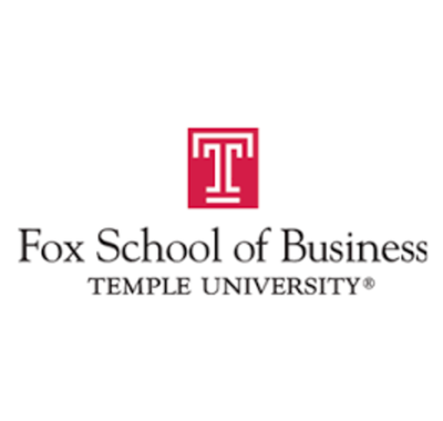 Logo of the Fox School of Business at Temple University. The image features a red square with a white T above the text Fox School of Business and Temple University in black capital letters.